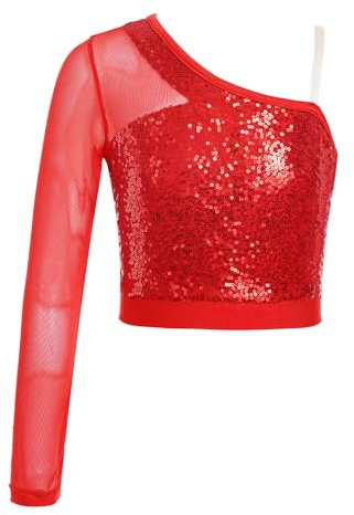Freebily Crop Top Danza Bambina Moderna Classica Top Corto da Balletto con Paillettes Lucide Maglia da Danza Jazz Hip Hop Monospalla T-Shirt Scintillante Abbigliamento da Ballo Rosso 9-10 Anni