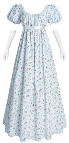 NSPSTT Vestidos de regencia para mujer, vestido floral de la época de la regencia, cintura imperio, vestido largo de fiesta de té con guantes, azul, XXL