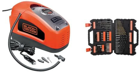 Bundle of Black+Decker Kompressor (11 bar / 160PSI, Luftpumpe, digitale Druckeinstellung, mehrfarbig rot/schwarz + Black+Decker Bohrer- und Schrauberbit-Set