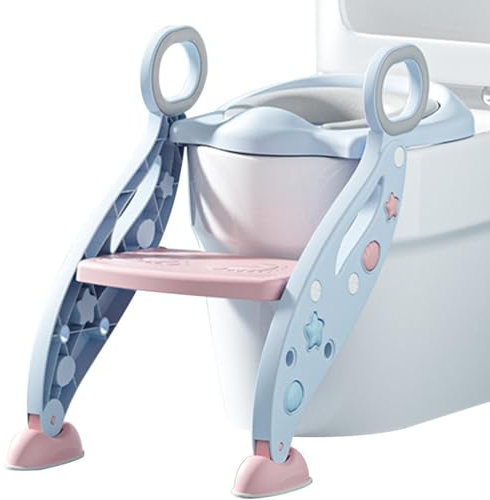 Toilettensitz Mit Treppe Fur Madchen Verstellbare Süße Sterne Toilettentrainer Mit Treppe Mit Armlehnen, Faltbar Toiletten-Trainer Mit Spritzschutz, Belastbarkeit 75kg ( Color : Blau , S : 35.5*42*37c