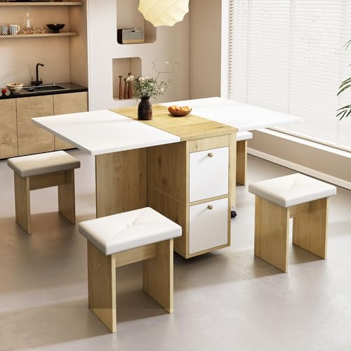 KecDuey Esstisch Set,Essgruppe(1 Esstisch, 4 Stühlen), Klappbarer Tisch auf Rollen,120 * 80 * 75cm,multifunktionaler ausziehbarer Esstisch, 4 Hockern für Küche, Esszimmer (Weiß + Eiche)