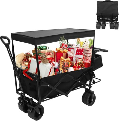 Nice C Zusammenklappbarer Klappwagen, Outdoor-Nutzwagen, Gartenwagen, strapazierfähig für 200 kg, großes Rad für Sand, große Kapazität, All-Terrain-Räder (1, Kinderwagen-Wagen, Schwarz)