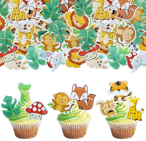 Gyufise 60Pcs Edible Jungle Safari Animal Cupcake Toppers Green Leaf Safari Jungle Wild Animals Cupcake Picks for Jungle Theme Baby Shower Kids Birthday Party Cake Decorations Supplies
