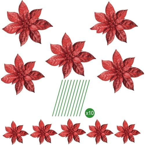 TRIXES 10 Stück rote Glitzer-Weihnachtssterne, künstliche Blumen, Weihnachtsbaum- und Kranzdekorationen, 2 Verschiedene Größen