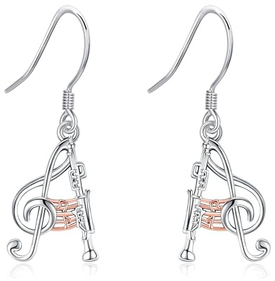 Boucles D'oreilles Clarinette En Argent Sterling Avec Notes De Musique Pour Clarinette