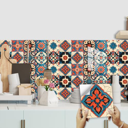 Tile Stickers 20x20 cm Red Blue Print Self Adhesive Wall Tiles Waterproof Stick on Tiles Bathroom Kitchen Tile Stickers Stick on Wall Tiles Decor Self Adhesive Tiles 10 Pcs