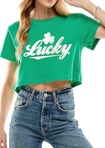 St Patricks Day Saint Shirt Women Green Shamrock Lucky Tshirts Irish Festival Crop Cropped Tee Tops(Green 2 S)