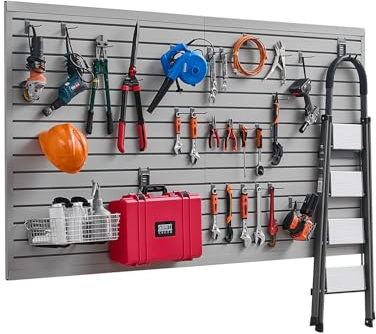 VEVOR Panneau à Lattes Mural Garage, 1225x2450 mm, Panneau Rangement Outils en PVC avec Conception Modulaire, Porte-outils Muraux pour Affichage, Organisation, Stockage, Atelier, Artisanal, Gris
