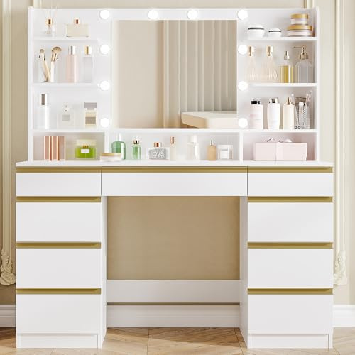 Hzuaneri Dressing Table with Light, Large Mirror Vanity Desk, White Gold