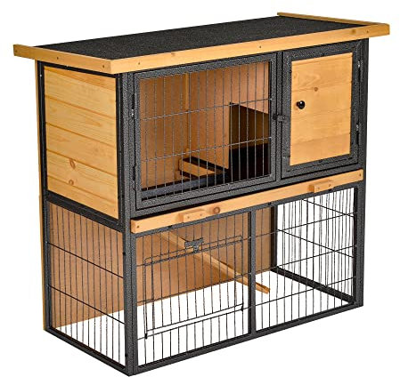PawHut Hasenstall 2 Ebenen Kaninchenstall aus Vollholz Doppelstockhaus mit verschließbarer Tür 89,5 x 45 x 81 cm Kaninchenkäfig Kleintierstall für Hasen Kaninchen Hasenkäfig für Outdoor Hellgelb