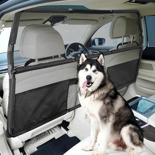 Feestars Dog Barrier for SUV, 50 Pet Car Barrier Behind Front Seat for SUV, Truck, Dog Gate for Cargo Area, Back Seat Divider with See Through Net Mesh for Safety and Travel