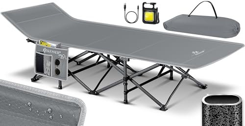 KESSER® Campingbett Feldbett Klappbar Klappbett Campingliege inkl. Tragetasche, Campinglicht + Seitentasche Stabiles Feldbett 250kg Belastbar Metallrohr 600D Oxfordgewebe Tragbar Liege (Grau, 190 cm)