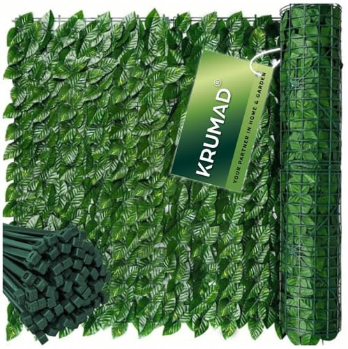 KRUMAD Künstlicher Efeu Hecke Sichtschutz 300 x 50cm, Sichtschutz Balkon und Garten, Efeu Künstlich, UV-beständig, Wetterfest, inkl. 100 Kabelbinder, Sichtschutz Zaun ohne Bohren, Grün