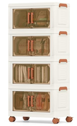 GOPLUS Aufbewahrungsbox mit Deckel, Ordnungsboxen stapelbar mit Rollen & Türen, Aufbewahrungsschrank aus Kunststoff, Kunststoffbox Stapelboxen Aufbewahrungsbehälter (43,5 x 26,5 x 94,5 cm,4 Ebenen)