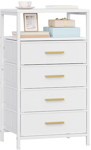 Hzuaneri Nachttisch, Beistelltisch mit 4 Stoff-Schubladen | Offenes Fach, Couchtisch, Nachtschrank Schlafzimmer, für Wohnzimmer, Schlafzimmer, Weiß NS40713W