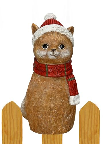 B2S BACK2SEASON Zaunfigur Katze mit Mütze und Schal rot Winterdeko Zaundeko Zaunhocker braun H=19 cm