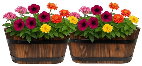 Divas World Oval Wooden Planter 32cm Burnt Wood Effect Garden Container Rustic Barrel Style Flower Herb Pot with Metal Banding for Outdoor Patio Balcony Use – With Drainage Hole (2, 32 cms (WOODAI))