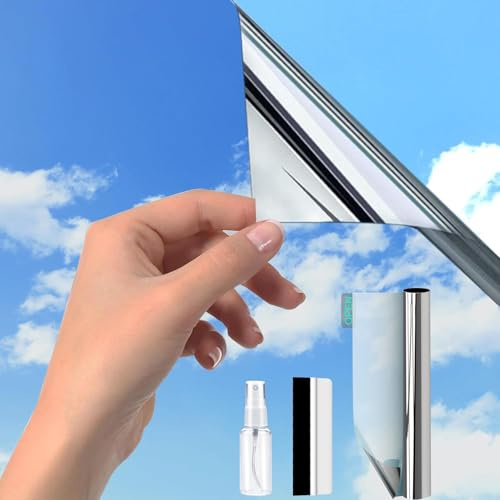 Silber(60X300cm) Spiegelfolie Fenster Hitzeschutz |UV Folie Selbstklebend |Fensterfolie Sonnenschutz Hitzeschutz innen oder außen|Rückstandslose Thermofolie Hitzeschutzfolie Fenster|Sonnenschutzfolie
