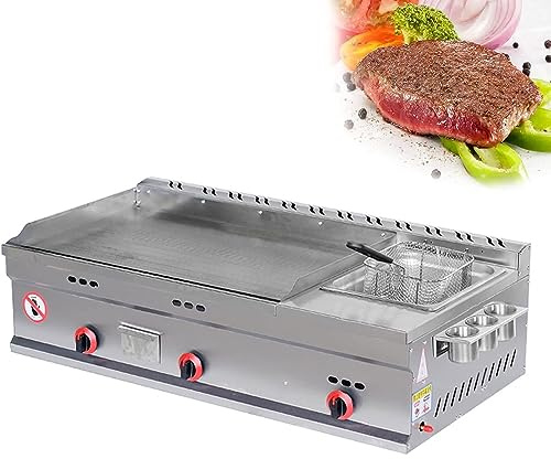 MJMLUCK Commercial Countertop Gas Griddle, Stainless Steel Cooking Flat Hotplate BBQ Grill with Adjustable Temperature, Large Capacity Teppanyaki and Deep Fat Fryer, Kitchen LPG Gas Grill