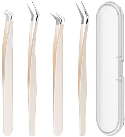 YGCQFH 4 Stück Wimpern Pinzette, Wimpernpinzette Set aus Edelstahl, Gebogene Pinzetten, Pinzette zur Verlängerung falscher Wimpern, Wimpernpinzette für Wimpernverlängerungen(Beige)