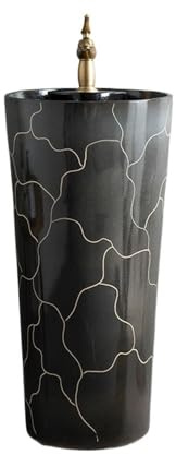 RUNZE765Z Lavabo da Bagno Lavandino con piedistallo in Ceramica Nera con Rubinetto e Kit di Scarico, lavabo Indipendente for Interni ed Esterni Lavandino su Colonna