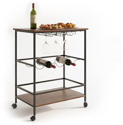 Relaxdays Serveringsvagn, 2 hyllor, vinflaskhållare, vinglashållare, H x B x D: 82 x 60 x 45 cm, barvagn, brun/svart