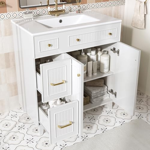 Crlnaup Armadietto da bagno con lavandino, 81,7 cm, con lavabo in ceramica, superficie laccata, spazio multifunzionale e piedini in legno massello dal design moderno di lusso, bianco