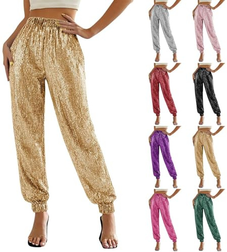 Generisch Pantalon à paillettes pour femme - Long - Argenté - Doré - Pantalon de carnaval - Tenue du Nouvel An - Élégant - Pantalon de Marlène - Pantalon large - Pantalon de loisirs - Pantalon festif