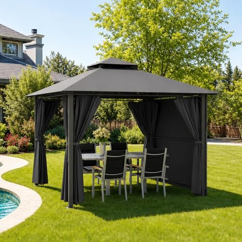 JUMMICO Garten pavillon 3 x 3 m, erweiterbar auf 3 x 4,8 m, mit Verstellbarer Markise, ideal für Garten und Terrasse, zum Entspannen, Grillen und Feiern, mit vierseitigem Stoffbesatz，Grau
