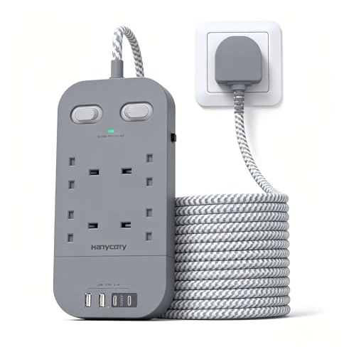 Gray Extension Lead 3M, 4 Way Plug Extension with 4 USB Slots(2 USB C) | Surge Protected Power Strip with Double Control Switches, 3250W/13A Long Extension Cable, Wall Mountable for Kitchen Office