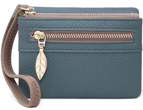 HNOOM Cartera de Mujer de Cuero PU – Pequeña Monedero con 2 Cremalleras para Monedas y 9 Ranuras para Tarjetas – Tarjetero y Billetera para Mujer (Verde)