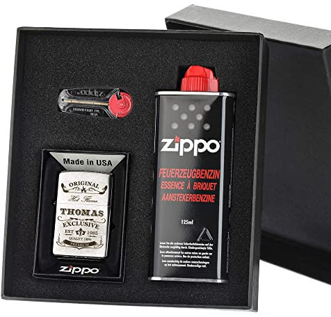Zippo-Store Zippo Sturmfeuerzeug Geschenk-Set - 1 Flasche Benzin (125ml) - 6 Feuersteine - mit Gravur - inkl. Geschenketui - Wind- und Wetterfest Motiv Original-Exklusive