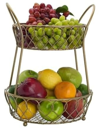 Gourmet Basics by Mikasa Loop and Lattice Metal 2-Tier Round Fruit Storage Basket, Matte Gold