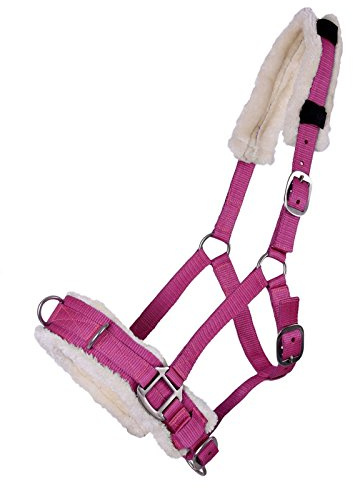 QHP Kappzaum/Halfter-Kombi Kunstfell Polsterung 3 Edelstahl D-Ringe (Fuchsia, Cob)