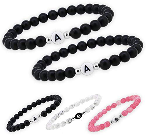 2x Partnerarmband Personalisierte Pärchen Namensarmbänder | couple Edelsteine Onyx, Howlite Cherry quartz 6mm | Perlenarmband | individueller Buchstaben Armband A-Z Freundschaftsarmband (WBLVAR18)