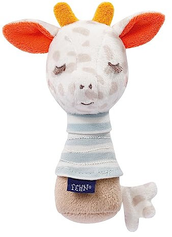 Fehn 053128 Stabrassel Giraffe – Babyspielzeug mit Rassel und Glow-in-the-dark Bestickung – Für Babys und Kleinkinder ab 0+ Monaten – Größe: 14 cm