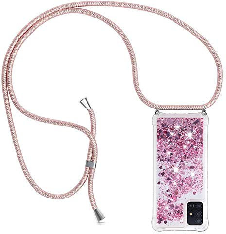 YuhooTech Handykette Hülle Kompatibel mit Samsung Galaxy A51 - Quicksand Glitzer Hülle mit Band - Silikon Handyhülle mit Kordel Umhängenband - Schnur mit Treibsand Case zum Umhängen