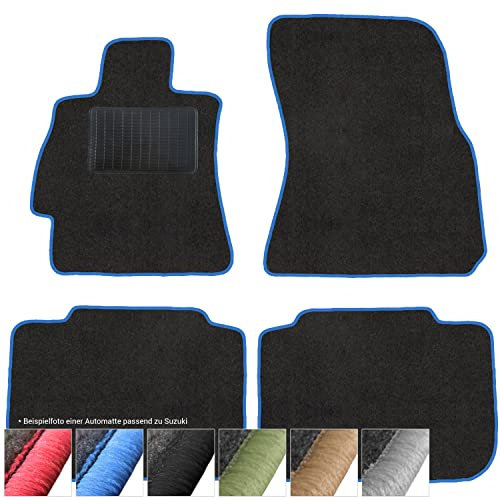 moto-MOLTICO Fußmatten Auto - Velours Autoteppiche | passend für FIAT Sedici Suzuki Swift i iI SX4 - 4-teiliges Set - Schwarze Automatten mit Blauen Ziernähten