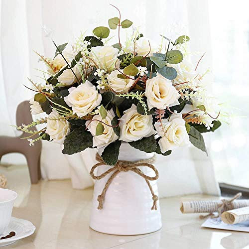 LESING Artificial Rose Flowers in Vase,Fake Silk Flower Bouquets with Ceramics Vase for Table Centerpieces Linning Roon Kitchen Decoration (Champagne)
