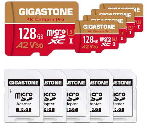 [5 Jahre kostenlose Datenwiederherstellung] GIGASTONE 128GB 5er-Pack Micro SD Karte, 4K Kamera Pro, bis zu 100/50 MB/s, MicroSDXC Speicherkarte für Gopro Drohne DJI Switch, A2 V30 U3 +Adapter