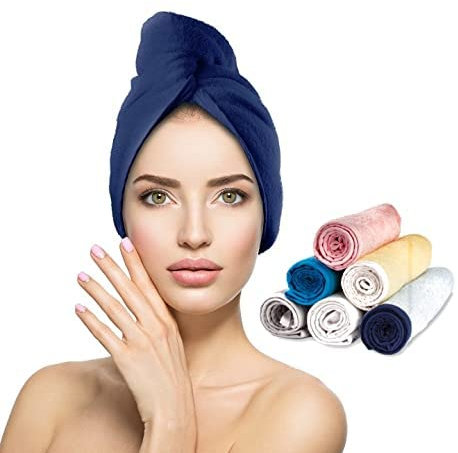 Adon 100% Cotton Turbie Hair Drying Towel Wrap for Women & Men Large Hair Towel for Curly Long Thick Hair, Water Absorbent Quick Dry Anti Frizz Hair Turban Towel (Navy Blue)