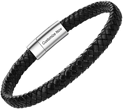 Casisto.J Lederarmband Herren Armband Herren Männer Leder Edelstahl Gravur Schwarz Braun Geflochten mit Magnet Verschluss