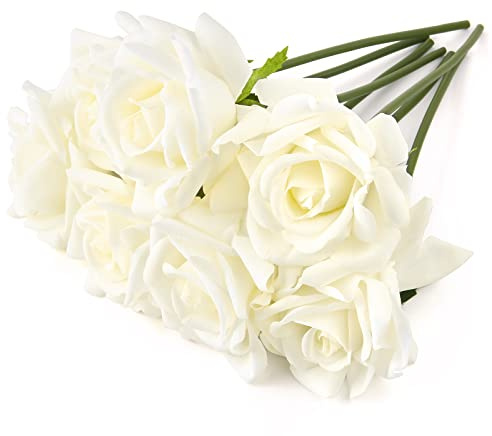 Eyamumo Fake Flowers, Faux Silk Real Touch Artificial Rose Flowers for Decoration DIY, Wedding Party, Home Office Decoration and Dining Table Centerpiece, 7Pcs (White-30cm, 30CM)