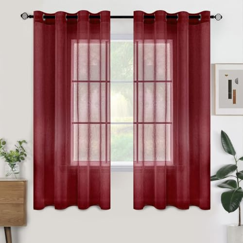 Woaboy Voile Kurz Gardinen Vorhänge Ösen 2er 140x145cm Wein | Voile Gewebe für Wohnzimmer und Schlafzimmer, transparent, leicht und dekorativ für moderne Fenster.