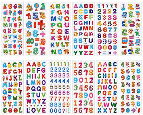 Cobee 3D Nummern Buchstaben Aufkleber für Kinder, 12 Blätter Bunte Alphabet Aufkleber geschwollene Kinder Aufkleber Selbstklebende Nummern Aufkleber DIY Dekoration Aufkleber für Mädchen Jungen