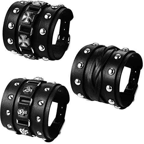 Flongo Herrenarmband Männer Armband Lederarmband groß breit Leder Armreif mit Totenkopf Schädel Nieten Geflochten Ketten Schwarz männer Accessoires punk Biker Größen verstellbar