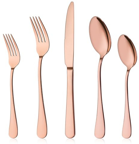 Briout Rose Gold Silverware Set, 20 Piece Cutlery Set, Stainless Steel Flatware Set Service for 4 Include Spoons Forks Knives Tableware Utensil Set for Kitchen Home Restaurant, Shiny Rose Gold Polish