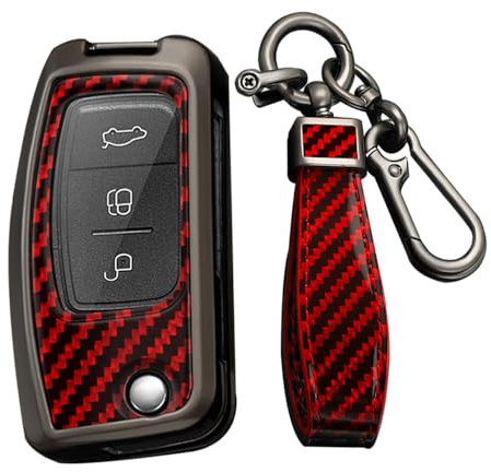 KUNIO Klapp Schlüsselhülle Passt für Ford Fiesta Focus MK2 C-Max B-Max Eco Sport Escort Tourneo Courier Ecosport Schutzhülle Metall Schlüsselcover 3 Tasten Schlüsselanhänger A Rot