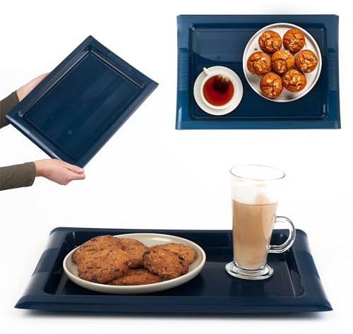 KADAX Vassoio rettangolare in plastica per cucina, vassoio da cucina antiscivolo, vassoio da servizio, vassoio da caffè con manici, vassoio da colazione, vassoio da caffè (blu marino)