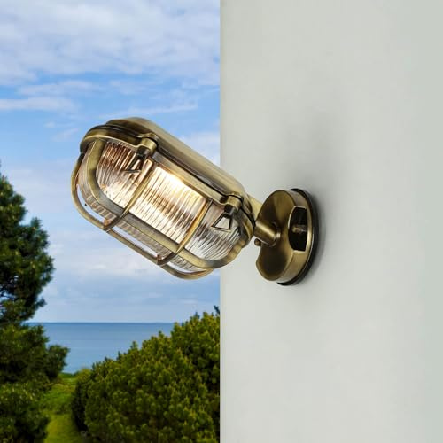 Licht-Erlebnisse Wandleuchte Outdoor Messing Glas in Messing Antik IP64 Terrasse Balkon B:14 cm E27 Riffel Bullauge Maritime Wandlampe Garten SKIATHOS